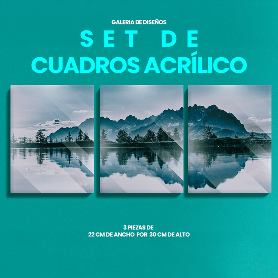 Cuadro decorativo en 3 piezas con paisaje de lago y montañas, impreso sobre acrílico brillante de alta calidad