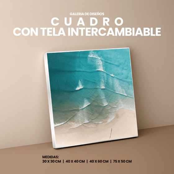 Cuadro decorativo de playa en tonos degradados, impreso en tela intercambiable con marco de aluminio cepillado