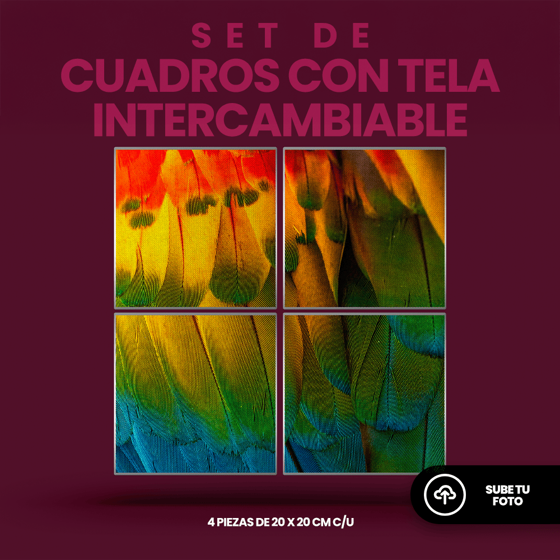 Set de cuatro cuadros de 20x20 cm personalizados con tu imagen, impresos en tela intercambiable con marco de aluminio